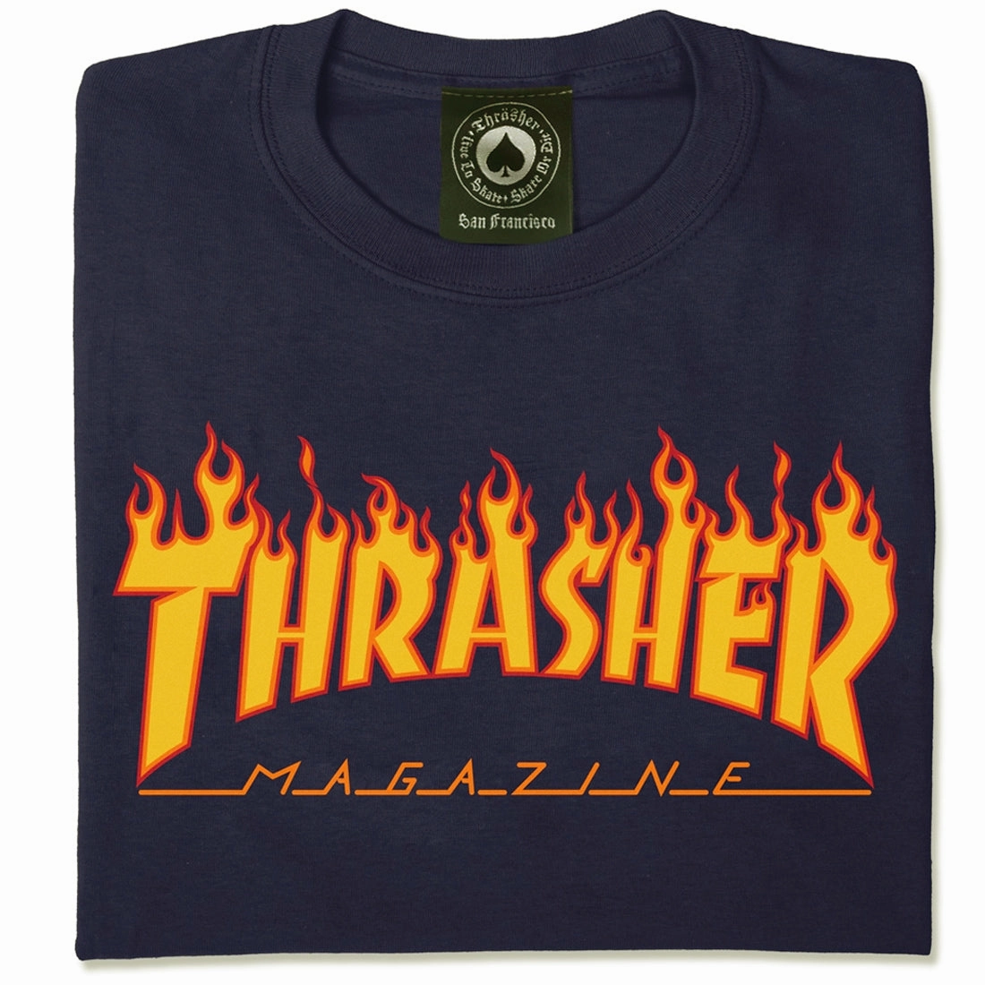 Distressed Hem Finish Thrasher Flame T-Shirt - Navy