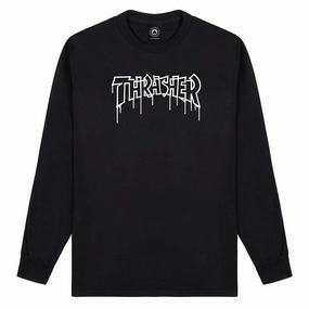 Soft and Relaxed Reinforced Hemline Thrasher One-Liner Long Sleeve T-Shirt - Black