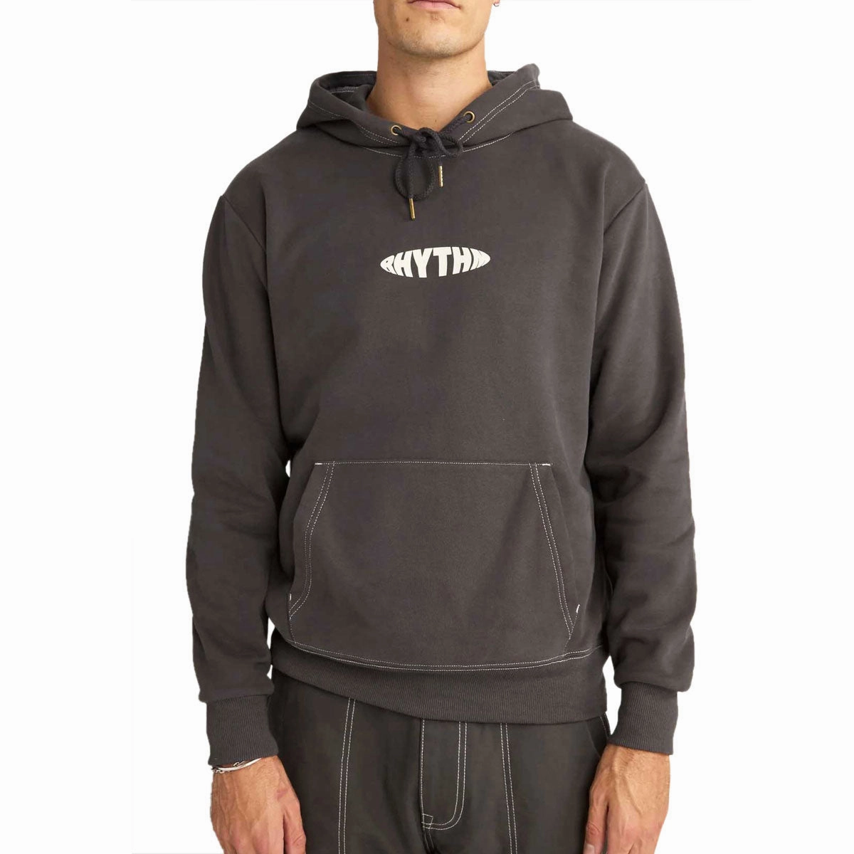 Velvet Touch Ribbed Hem Rhythm Contrast Stitch Hoodie - Charcoal