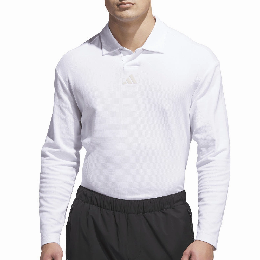 adidas Beyond Long Sleeve Loose Fit Polo Shirt - White Curved Hem Heathered Fabric