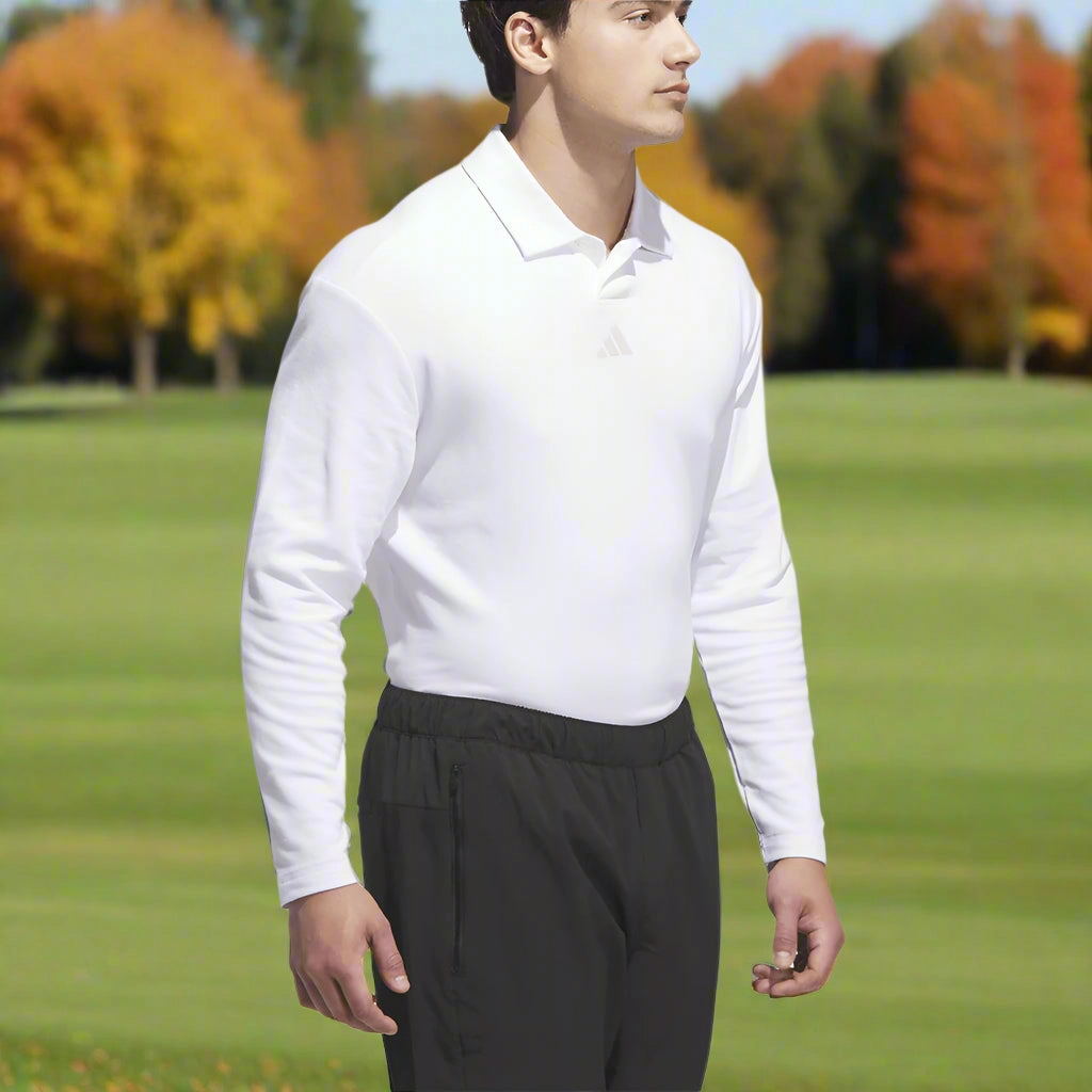 Fashion Fit Soft and Stylish adidas Beyond Long Sleeve Loose Fit Polo Shirt - White
