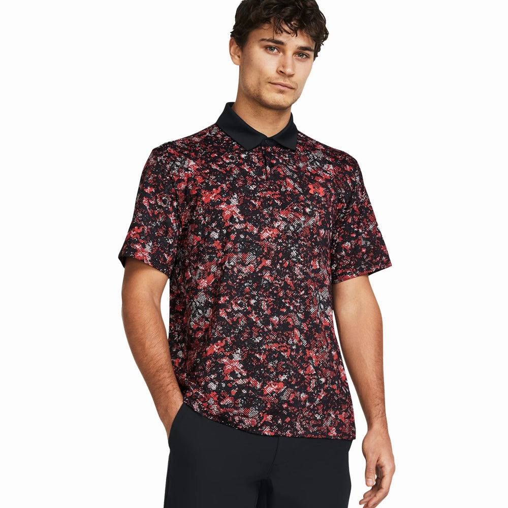 Tight Fit long sleeved Under Armour T2G Printed Polo Shirt - Black/Red Solstice/Red Solstice