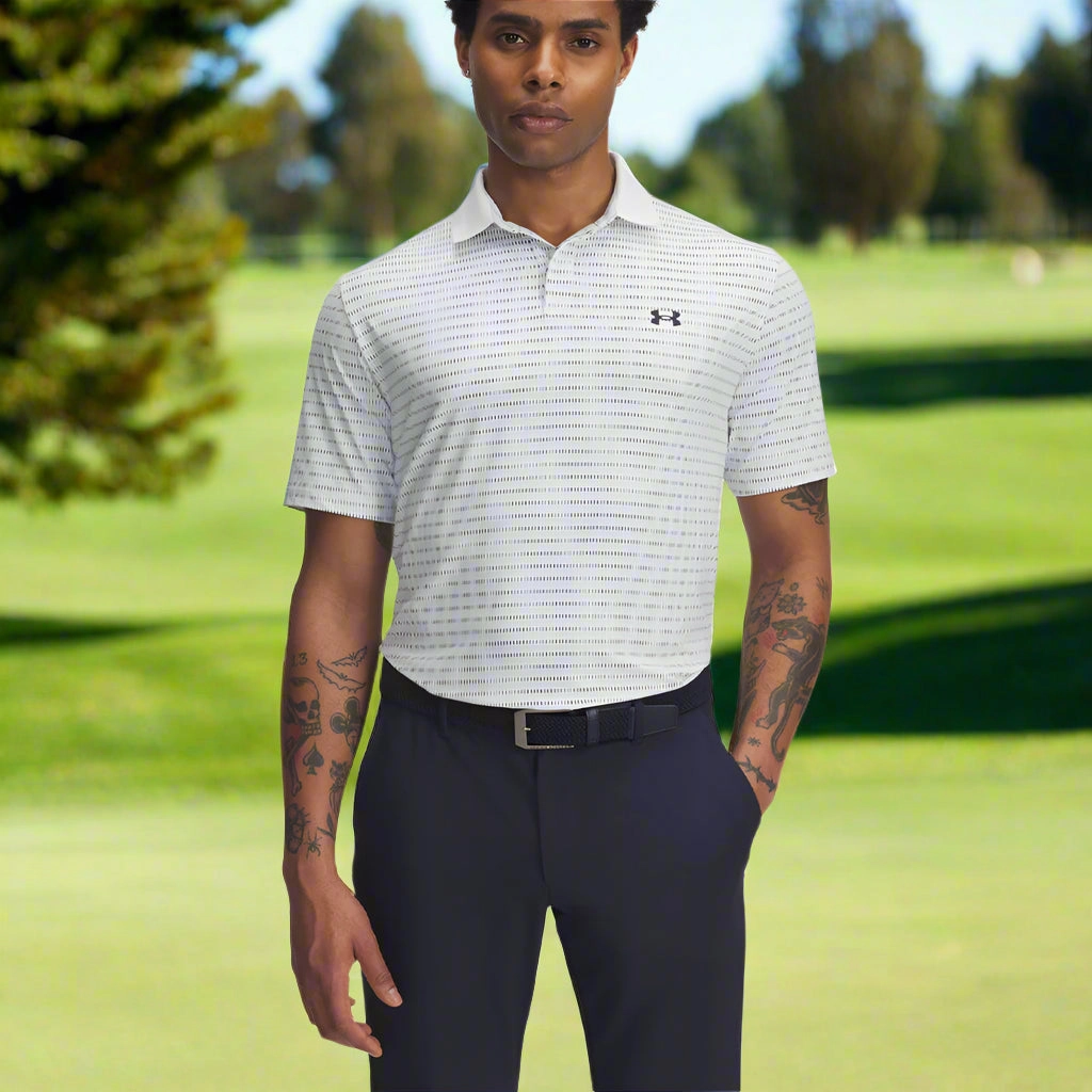 Chilly Day Essentials Sleek Style Under Armour Drive Chill Printed Polo Shirt - White/Blue Calm/Midnight Navy