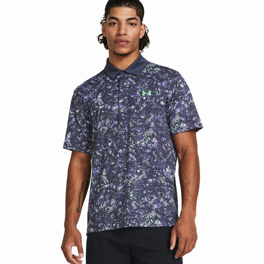 Comfortable Stretch WrinkleFreeFabric Under Armour T2G Printed Polo Shirt - Downpour Gray/Starlight/Matrix Green