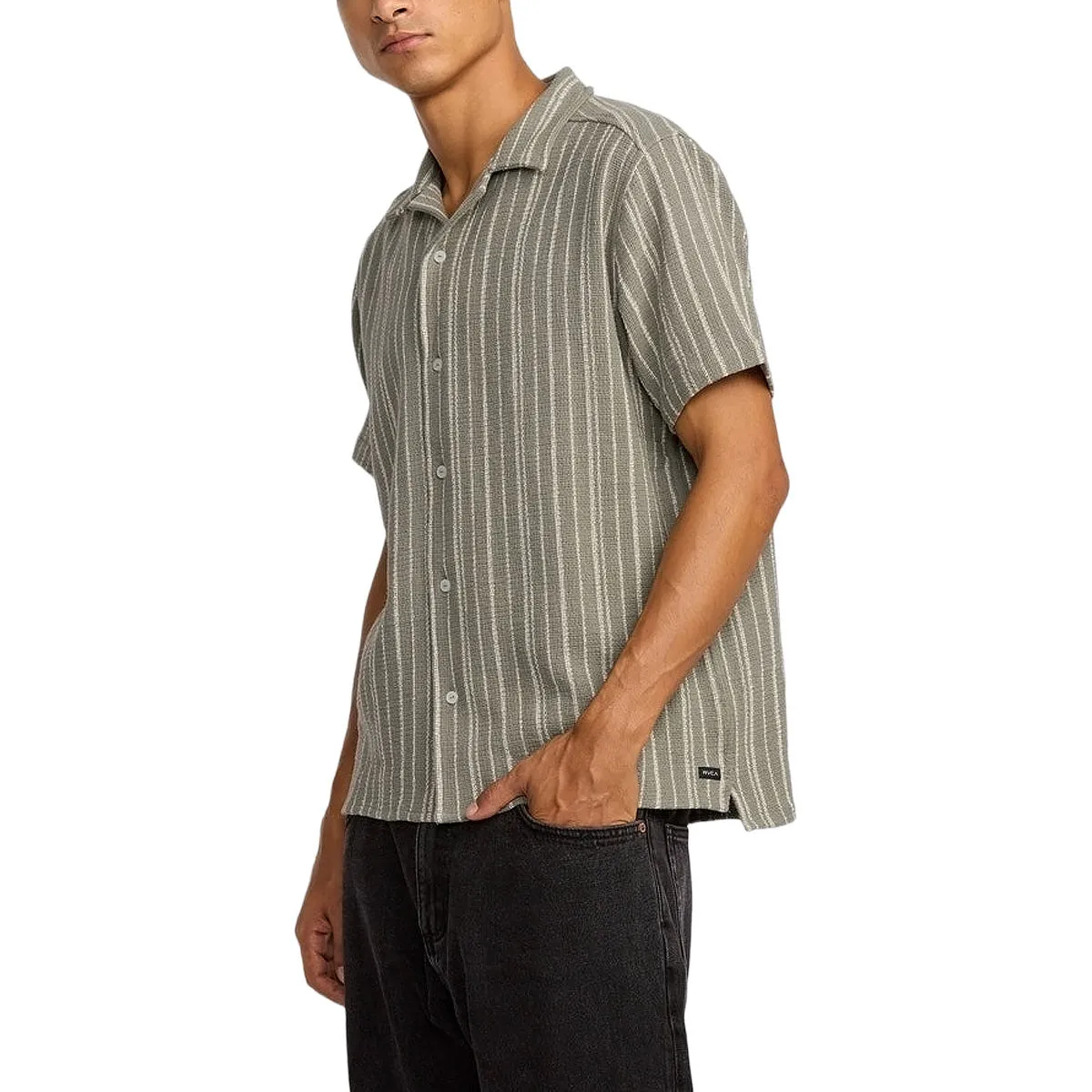 Breathable Cotton Cultural Inspired RVCA Vacancy Stripe Shirt - Light Olive