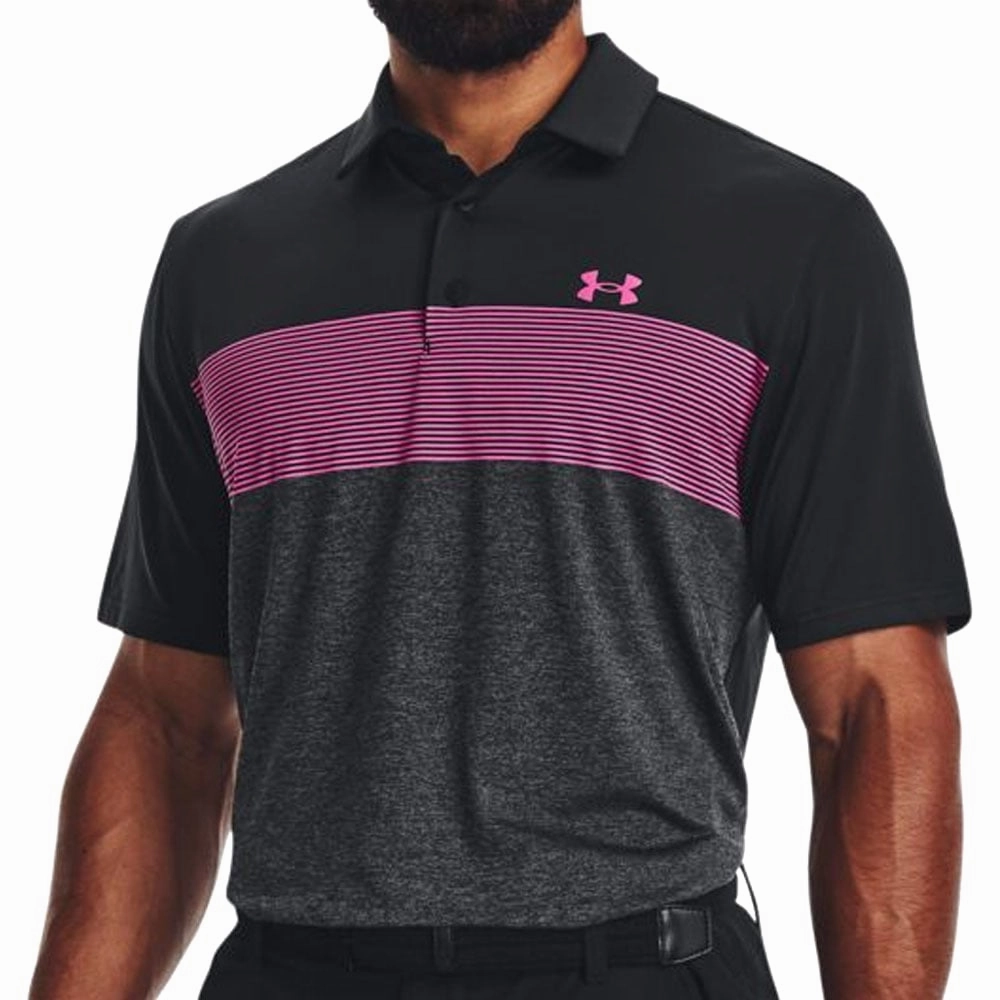 Stretchable Armholes Chic Fit Under Armour Playoff 3.0 Low Round Stripe Polo Shirt - Black/Jet Grey/Rebel Pink