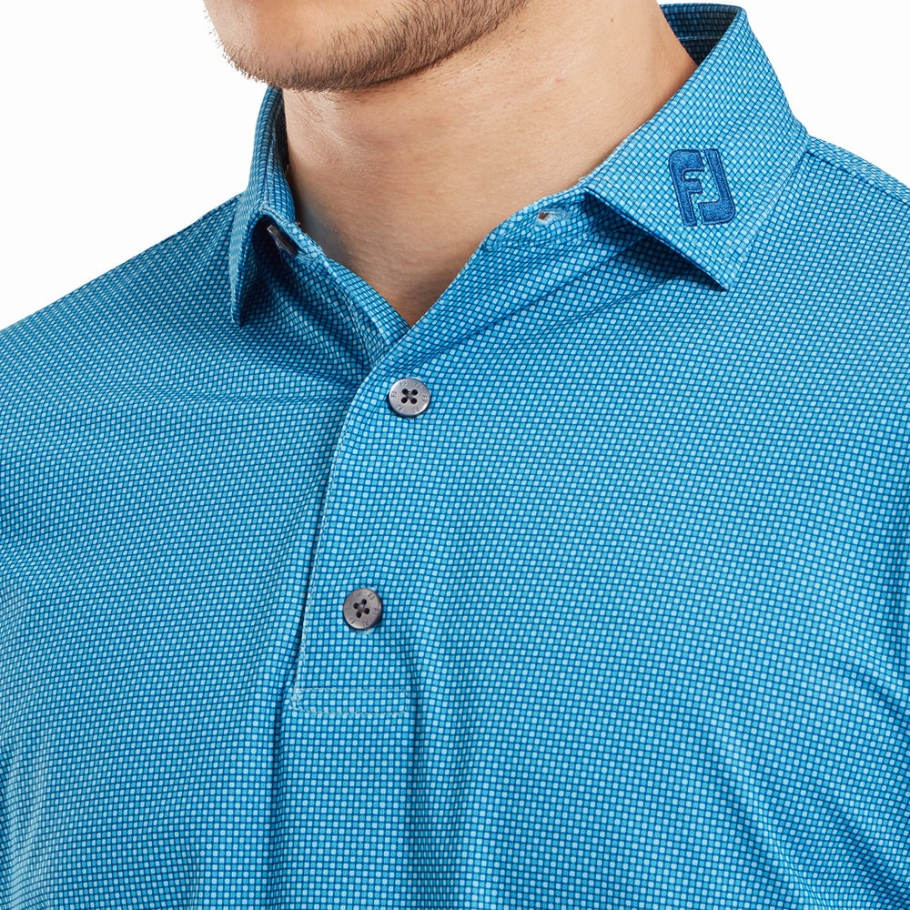 FootJoy Octagon Print Lisle Polo Shirt - Blue Sky Curved Hem Flexible Shoulder Seams