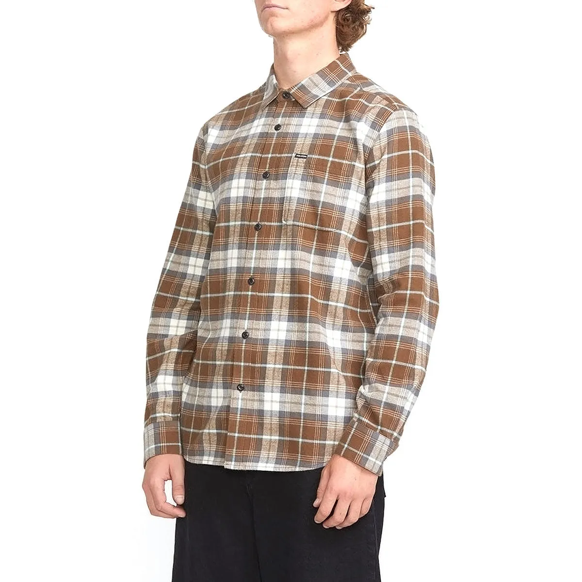 Stretch Fabric Custom Fit Volcom Caden Plaid Long Sleeve Shirt - Dark Earth