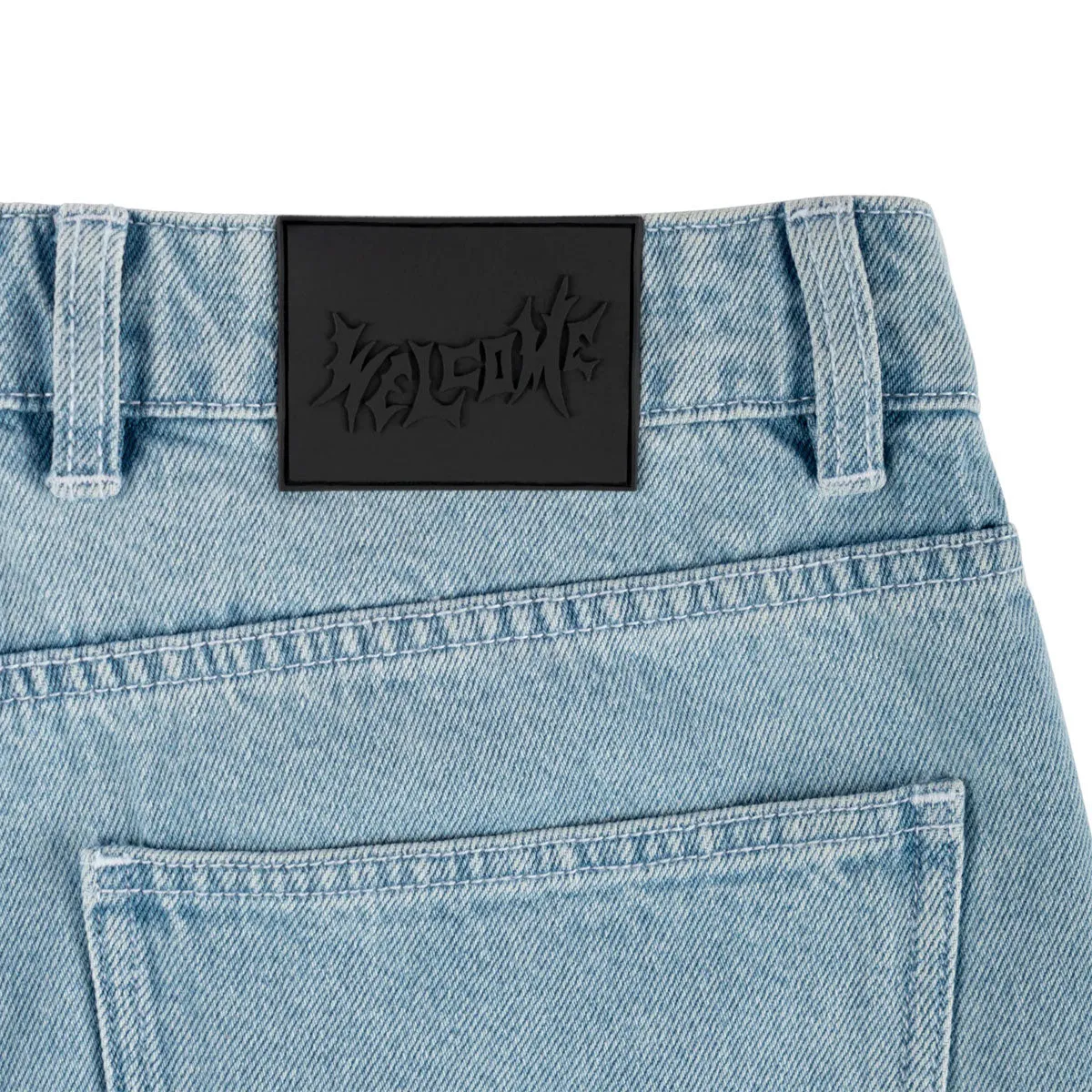 Welcome Linger Baggy Denim Shorts - Washed Blue stripe design Cold Weather Gear
