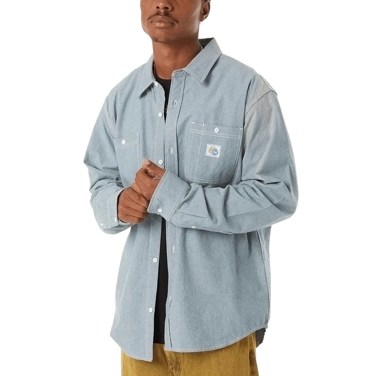 Linen blend Youth fashion HUF Total Eclipse Chambray Long Sleeve Shirt - Light Blue